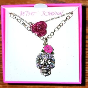 Betsey Johnson Vintage Bling Skull and Glitter Flower Double Stranded Necklace